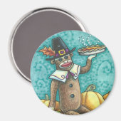 SOCK MONKEY PILGRIM THANKSGIVING DAAG MAGNET Round (Voorkant / Achterkant)
