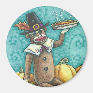 SOCK MONKEY PILGRIM THANKSGIVING DAAG MAGNET Round
