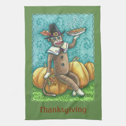 SOCK MONKEY PILGRIM, THANKSGIVING KITCHEN TOWEL THEEDOEK (Verticaal)