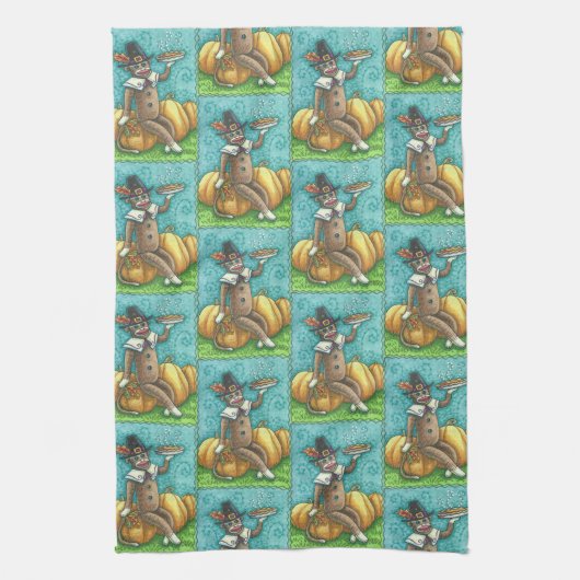 SOCK MONKEY PILGRIM, THANKSGIVING KITCHEN TOWEL THEEDOEK (Verticaal)