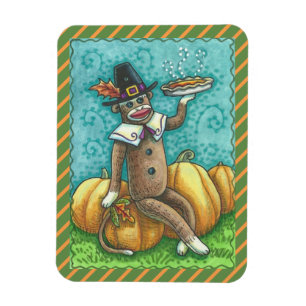 SOCK MONKEY PILGRIM, THANKSGIVING MAGNET Holiday Magneet
