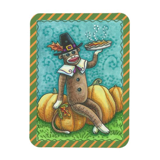 SOCK MONKEY PILGRIM, THANKSGIVING MAGNET Holiday Magneet (Verticaal)