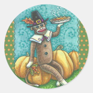 SOCK MONKEY PILGRIM THANKSGIVING STICKER SHEET RAN