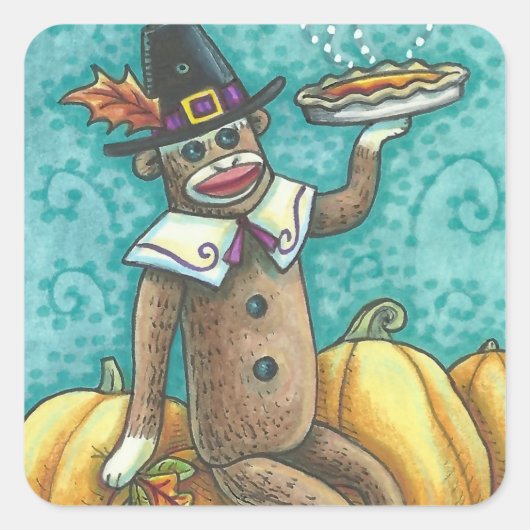 SOCK MONKEY PILGRIM THANKSGIVING STICKER SHEET Squ (Voorkant)
