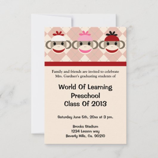Sock Monkey Preschool of Kindergarten Afstuderen Kaart (Voorkant)