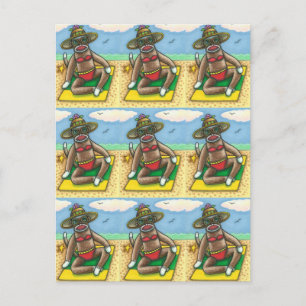 SOCK MONKEY RED BIKINI, BIJ DE BEACH CARTOON Funny Briefkaart