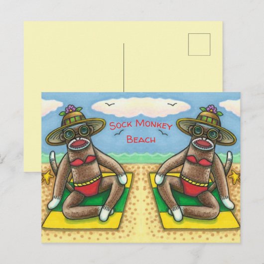 SOCK MONKEY RED BIKINI, BIJ DE BEACH CARTOON Funny Briefkaart (Voorkant / Achterkant)