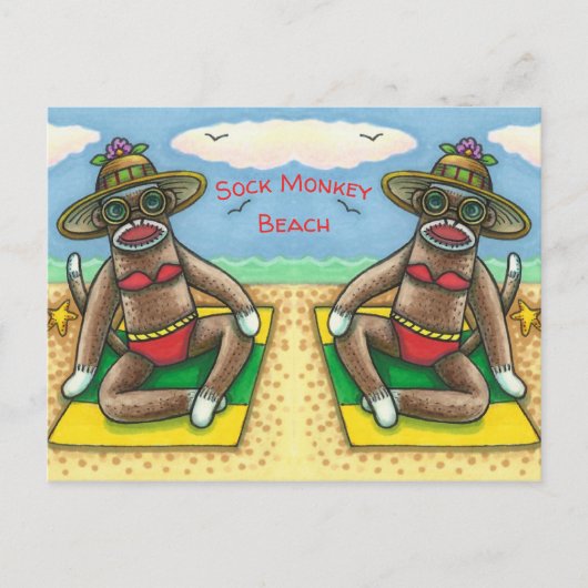 SOCK MONKEY RED BIKINI, BIJ DE BEACH CARTOON Funny Briefkaart (Voorkant)