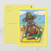 SOCK MONKEY RED BIKINI, BIJ DE BEACH CARTOON Funny Briefkaart (Voorkant / Achterkant)
