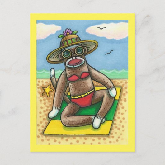 SOCK MONKEY RED BIKINI, BIJ DE BEACH CARTOON Funny Briefkaart (Voorkant)