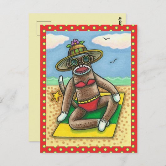 SOCK MONKEY RED BIKINI, BIJ DE BEACH CARTOON Funny Briefkaart (Voorkant / Achterkant)