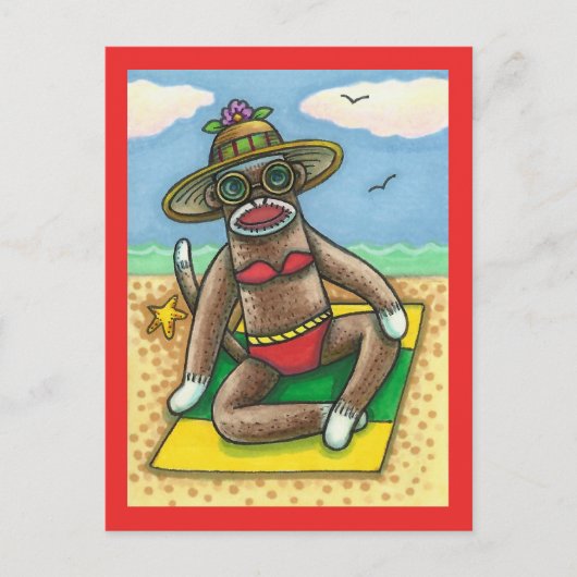 SOCK MONKEY RED BIKINI, BIJ DE BEACH CARTOON Funny Briefkaart (Voorkant)