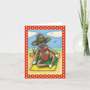 SOCK MONKEY RED BIKINI, BIJ DE BEACH CARTOON Funny Kaart