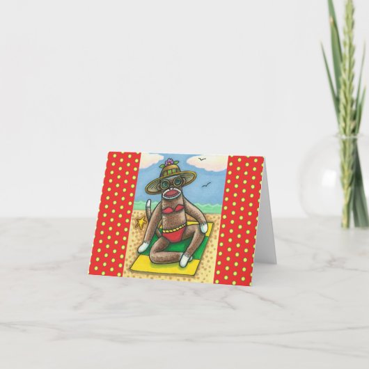 SOCK MONKEY RED BIKINI, BIJ DE BEACH CARTOON Funny Kaart (Voorkant)