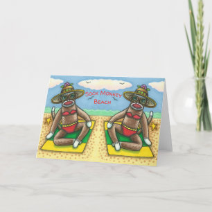 SOCK MONKEY RED BIKINI, BIJ DE BEACH CARTOON Funny Kaart