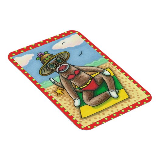SOCK MONKEY RED BIKINI, BIJ DE BEACH CARTOON Funny Magneet (Rechterzijde)