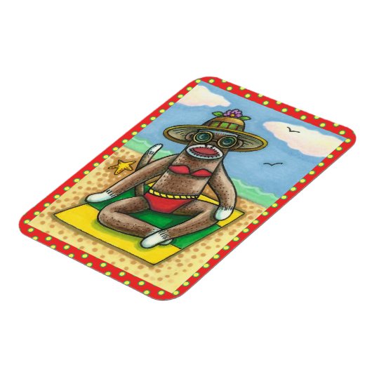 SOCK MONKEY RED BIKINI, BIJ DE BEACH CARTOON Funny Magneet (Linkerzijde)