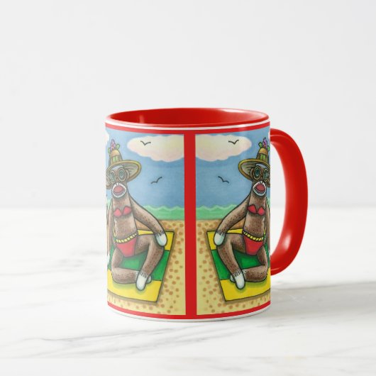 SOCK MONKEY RED BIKINI, BIJ DE BEACH CARTOON Funny Mok (Voorkant rechts)