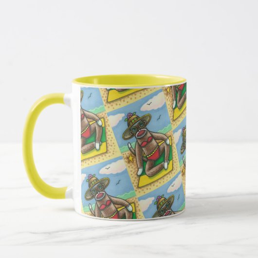 SOCK MONKEY RED BIKINI, BIJ DE BEACH CARTOON Funny Mok (Links)