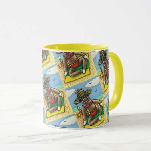 SOCK MONKEY RED BIKINI, BIJ DE BEACH CARTOON Funny Mok (Voorkant rechts)