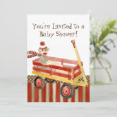 Sock Monkey, Red Wagon, Boy Baby shower Invitation Kaart (Staand voorkant)