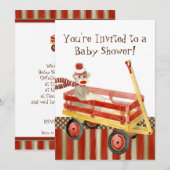 Sock Monkey, Red Wagon, Boy Baby shower Invitation Kaart (Voorkant / Achterkant)