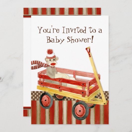 Sock Monkey, Red Wagon, Boy Baby shower Invitation Kaart (Voorkant / Achterkant)