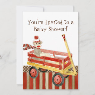 Sock Monkey, Red Wagon, Boy Baby shower Invitation Kaart