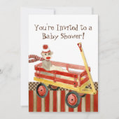 Sock Monkey, Red Wagon, Boy Baby shower Invitation Kaart (Voorkant)