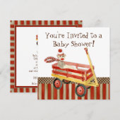 Sock Monkey, Red Wagon, Boy Baby shower Invitation Kaart (Voorkant / Achterkant)