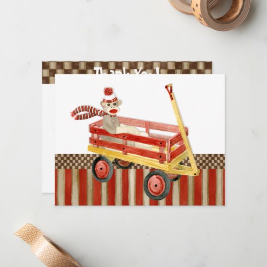 Sock Monkey Red Wagon, dank u Kaarten Notitiekaartje (Voorkant / Achterkant in situ)