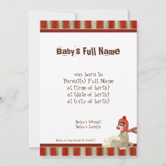 Sock Monkey, Red Wagon, Jongen Aankondiging (Achterkant)