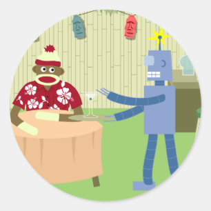 Sock Monkey Robot Waiter Ronde Sticker