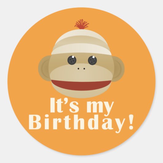 Sock Monkey Sinaasappel Verjaardag Stickers Kelly (Voorkant)