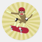 Sock Monkey Skateboarder Ronde Sticker (Voorkant)