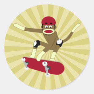 Sock Monkey Skateboarder Ronde Sticker