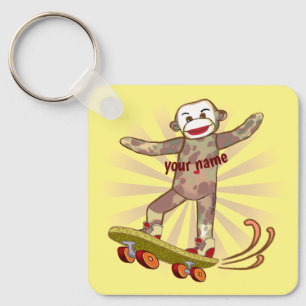 Sock Monkey Skater aangepaste naam Sleutelhanger