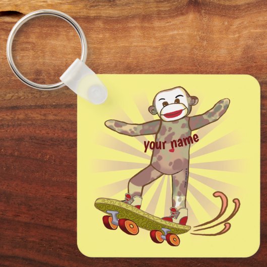 Sock Monkey Skater aangepaste naam Sleutelhanger (Voorkant)