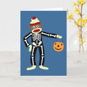 Sock Monkey Skeleton Halloween Kaart (Gele Bloem)