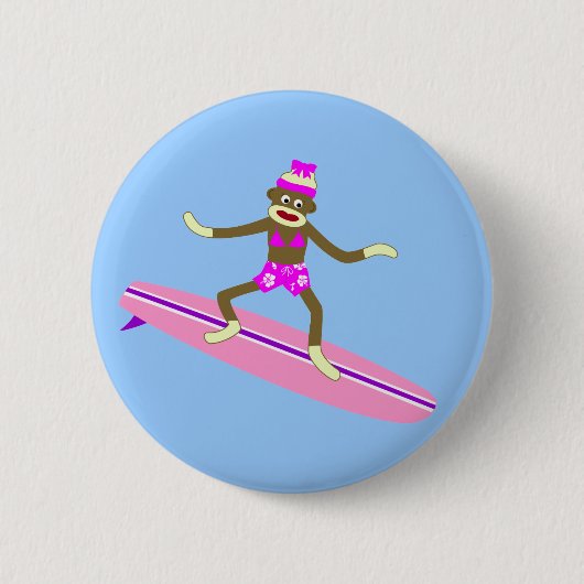 Sock Monkey Surfer Girl Ronde Button 5,7 Cm (Voorkant)
