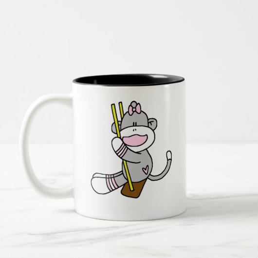 Sock Monkey Swinging Tweekleurige Koffiemok (Links)