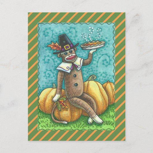 SOCK MONKEY THANKSGIVING EN PUMPKIN PIE BRIEFKAART (Voorkant)