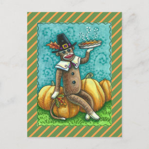 SOCK MONKEY THANKSGIVING EN PUMPKIN PIE FEESTDAGENKAART