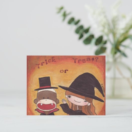 Sock Monkey Trick or treat? Briefkaart (Staand voorkant)