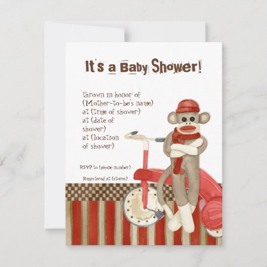 Sock Monkey, Tricycle, Boy Baby shower Invitation Kaart (Voorkant)