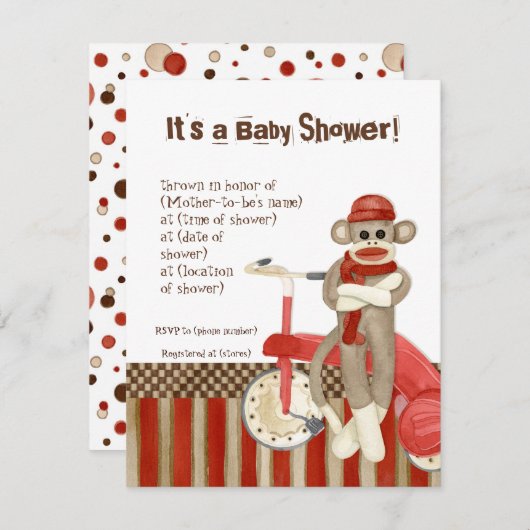 Sock Monkey, Tricycle, Boy Baby shower Invitation Kaart (Voorkant / Achterkant)