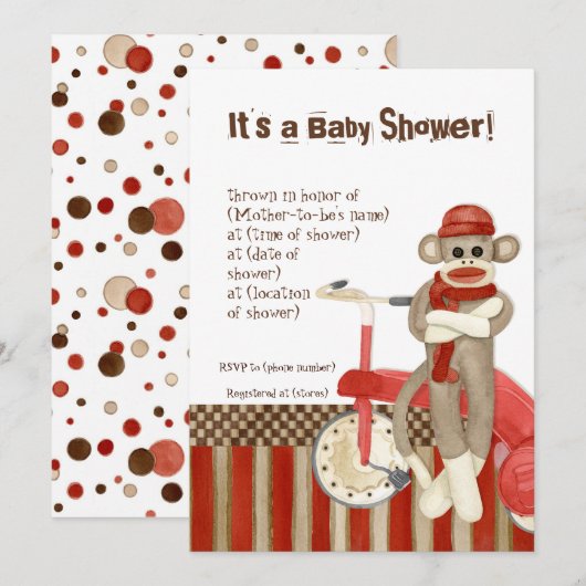 Sock Monkey, Tricycle, Boy Baby shower Invitation Kaart (Voorkant / Achterkant)