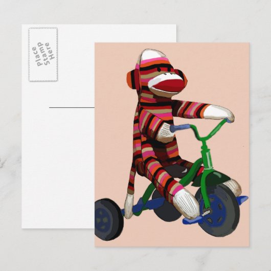 Sock Monkey Tricycle Briefkaart (Voorkant / Achterkant)