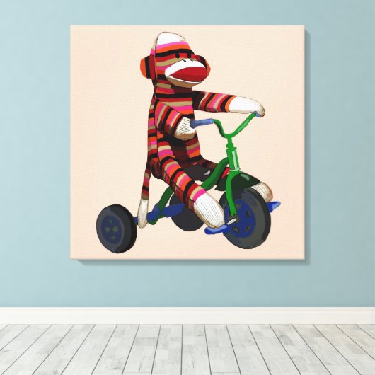 Sock Monkey Tricycle Canvas Afdruk (Insitu (Houten vloer))