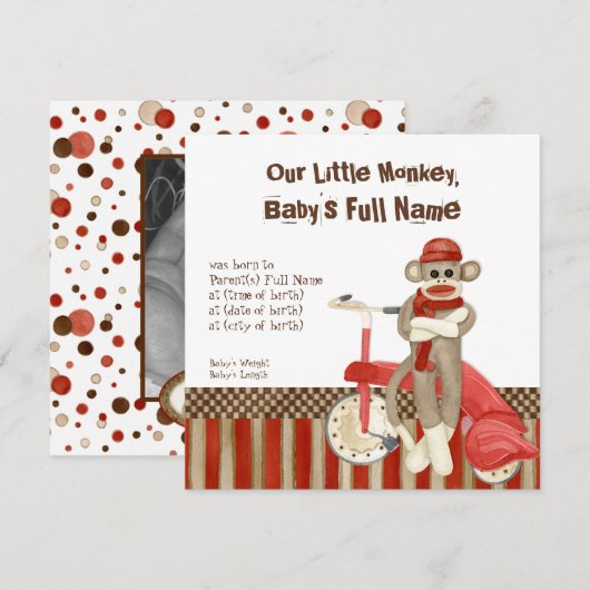 Sock Monkey, Tricycle, Jongen Aankondiging (Voorkant / Achterkant)